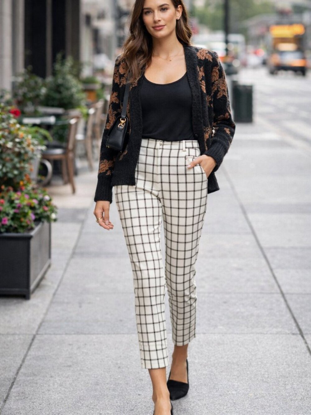Anthropologie Essential Slim Cream and Navy Plaid Work Pant